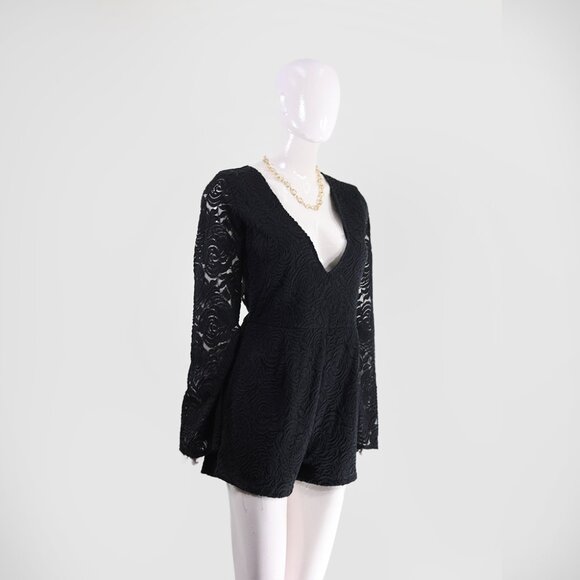Stylish Motel Black Lace Romper V-Neck & Flare Sleeves - Picture 2 of 5